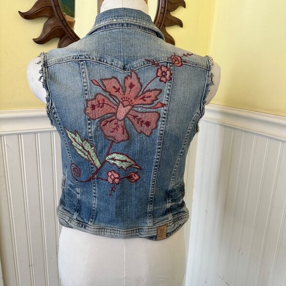 Guess Jeans Vintage stretch Denim jean jacket vest embroidered flower sleeveless - Picture 2 of 8